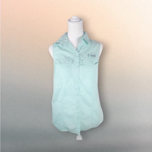 Columbia Sportswear PFG Teal Green Button-Up Tank-Top Fish Shirt Women's Small - Picture 1 of 6